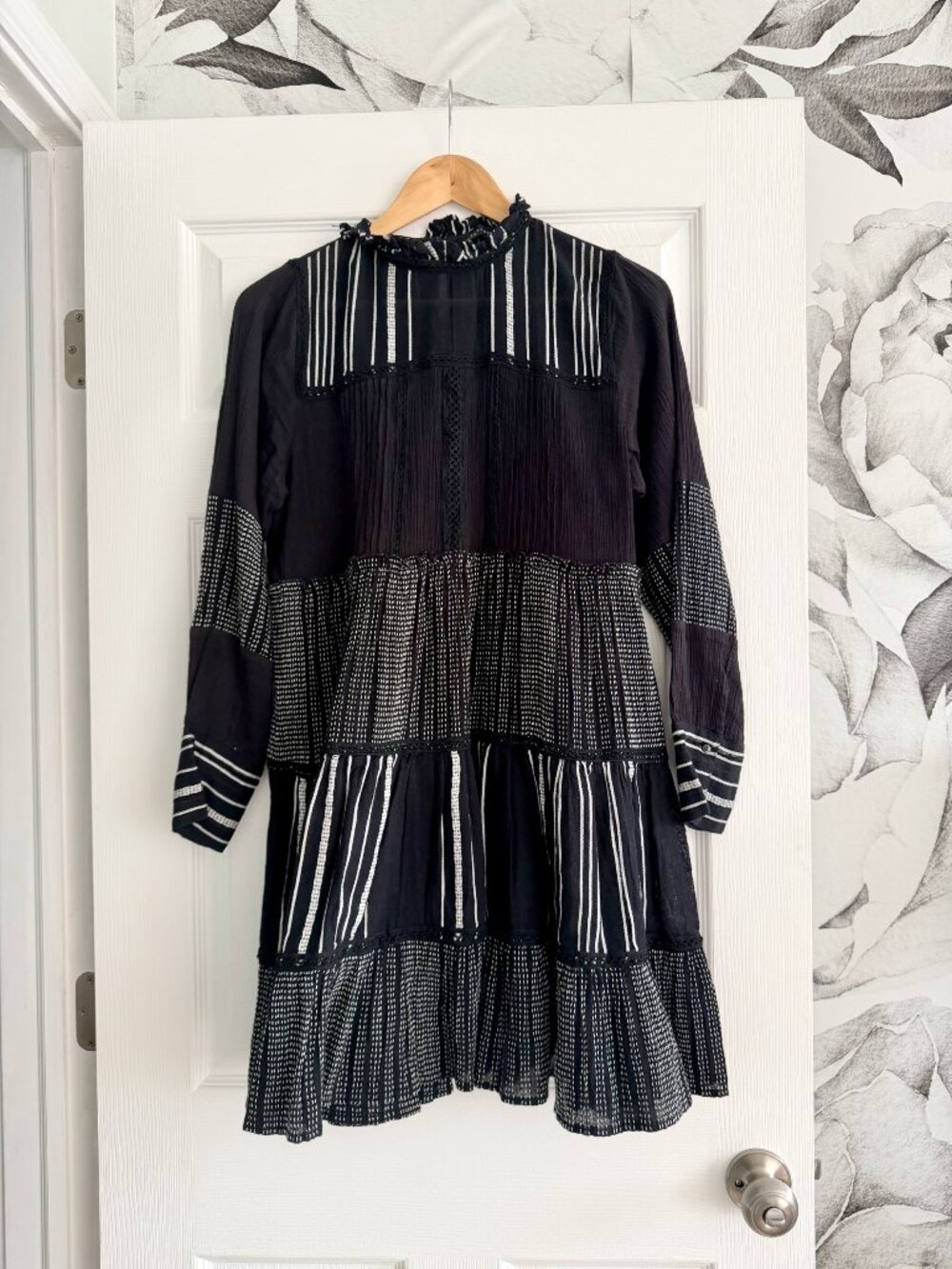 Zara Woman Black Lace‑Trim Stripe Mini Dress